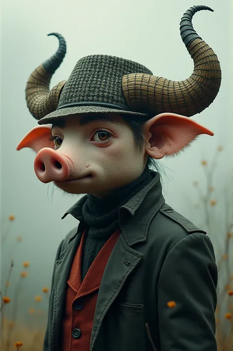 Man-with-Wire-Hat-Featuring-Pig-Nose-and-Buffalo-Horns