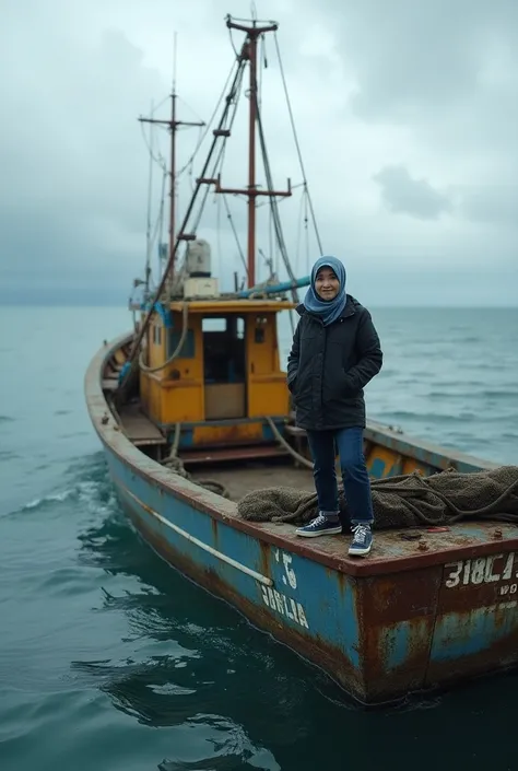  Hyper-realistic photos of a fishing boat wading through the vast ocean .  The boat ,  ,  shows signs of having been at sea for years , with net , such,  and the fishing gear scattered in the deck .  The hull is slightly rusty ,  show its hardworking natur...