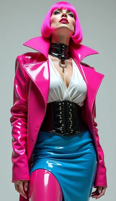 angelina jolie, vue de deux, latex brillant, dominatrice, chemisier en latex blanc, serre taille latex noir, longue jupe trapeze en latex bleu, ceinture latex noir, veste courte futuriste en latex rose fluo, larges épaulettes en latex rose fluo, cuissardes...