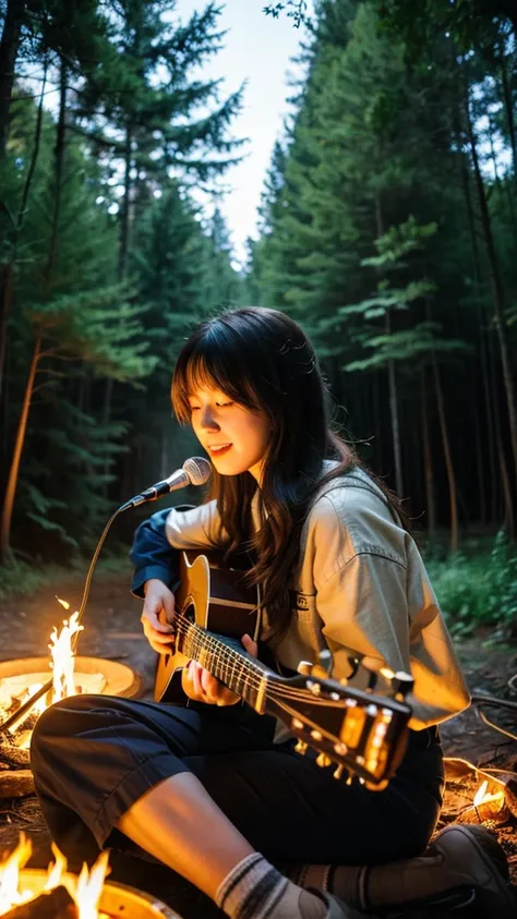  Hi-Res,  best quality, Super detailed,  Hi-Res, 8k wallpaper,  perfect dynamic composition,  beautiful eyes with great attention to detail,
In the forest at night、 A scene where a cute Japanese woman plays the guitar and talks while surrounding the campfi...