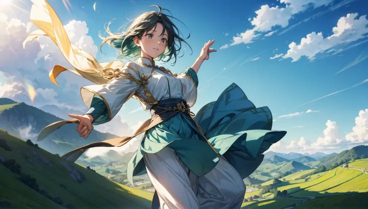  Wind Spirit 、Expanding Hills 。 Light Effects and Wind Vortices Dance in the Hills。 Green hills and blue skies spread out in the background 、Warm sunlight shines 。 A warm atmosphere where you can feel the blessings of the spirits 。