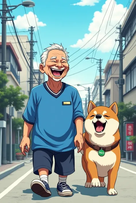  The old man with his dentures removed 、 is laughing。 is wearing a blue jersey 。Background cityscape 。 walking in Shiba Inu 。 The costume is wearing a blue jersey {x} The Shiba Inu collar has a MYO letter plate attached to it。Gag manga style。