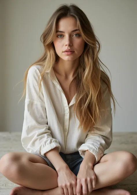 Beautiful natural blonde hair Emma 26 years long NATURAL blonde hair almond shape hazel green eyes cleft on chin, dimple on chin. sitting cross legged in a cotton button down shirt,