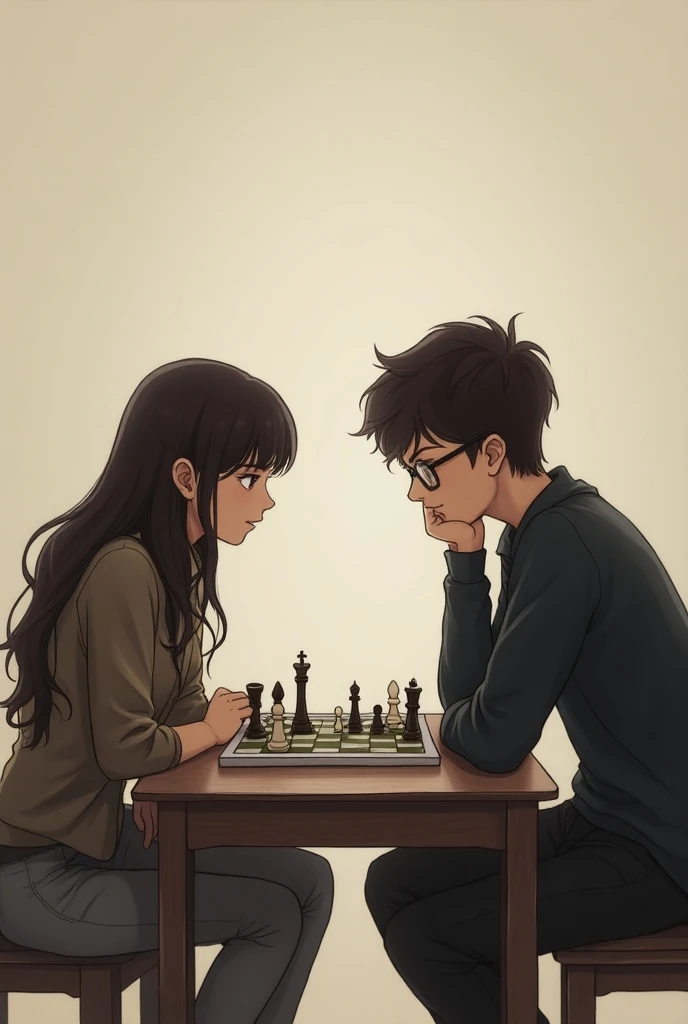  Create an image of a chessboard with a 17-year-old boy,  dark brown and wavy hair, wearing glasses and a 17-year-old ,  dark, wavy hair down to the middle of her back , without them touching each other  