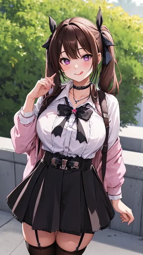 masterpiece, Best Quality,  Hi-Res, HS1,  light purple eyes ,  twin tails,  hair bow,  long sleeve ,  clevis,  light brown hair with visible tip of tongue,  Pink Cardigan,  black knee-highs,  checked skirt,  red ribbon,  necklace ,  black choker ,  garter ...