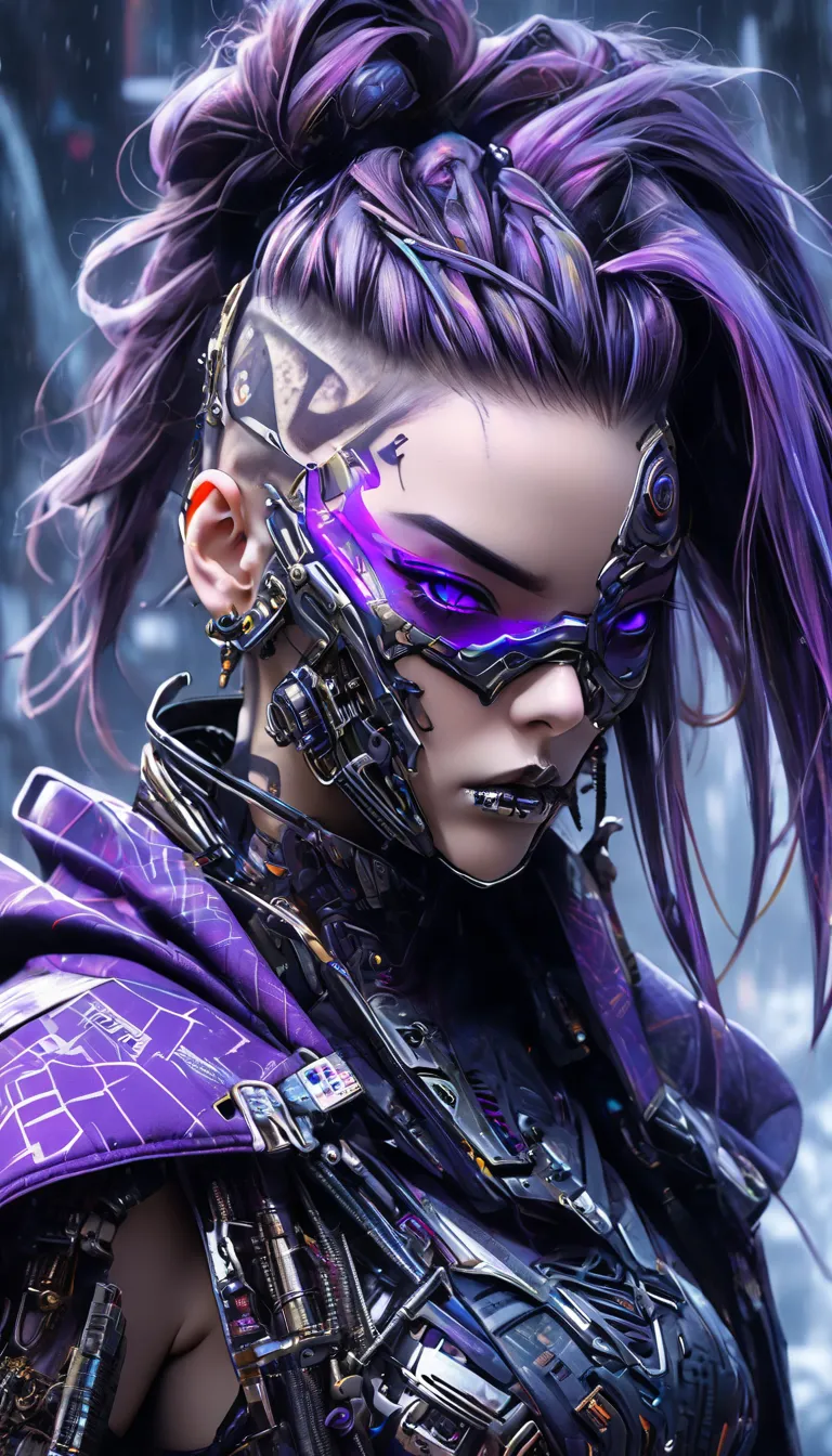 close-up,upper body shot portrait of a cyberpunk-inspired character with a fierce expression and a heavily augmented face, showc...