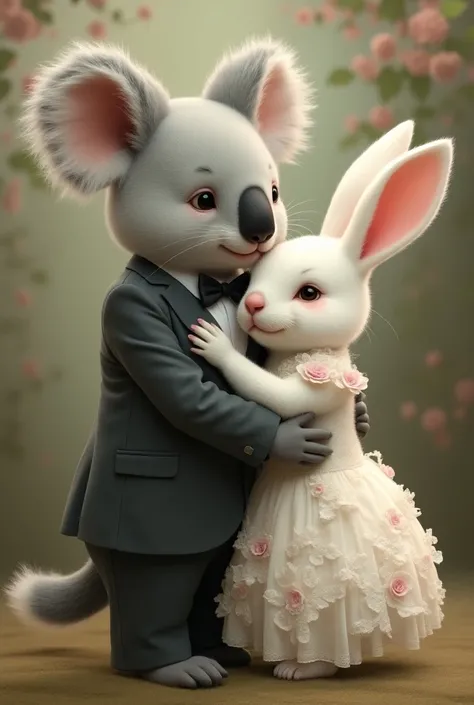 Fancy same size koala and white rabbit hugging