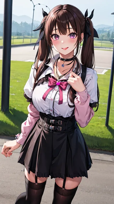 masterpiece, Best Quality,  Hi-Res, HS1,  light purple eyes ,  twin tails,  hair bow,  long sleeve ,  clevis,  light brown hair with visible tip of tongue,  Pink Cardigan,  black knee-highs,  checked skirt,  red ribbon,  necklace ,  black choker ,  garter ...