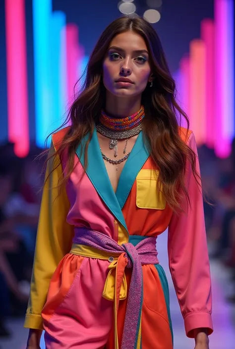  Model parading with a set of vibrant and psychedelic clothes,  with geometric prints and contrasting colors .  The runway is illuminated with neon lights and the makeup is bold , with colorful shadows and twinkle in the eyesv