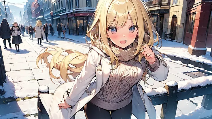 (Masterpiece, Top quality: 1.5), 1 beautiful girl, solo, (short height:1.3), ample breasts, (winter fashion:1.3), (long sweater, long duffle coat, leggings ,scarf:1.2), (blonde:1.5), (medium Hair:1.2), wavy Hair, asymmetry bangs, swept bangs, airy hair, st...