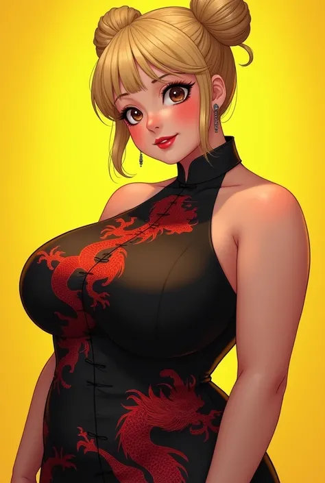 The girl is chubby and curvy. She is fat but curvy. Make her chest prominent. She has no tattoos. She has a septum piercing. Her hair is Blonde and bouncy voluminous. No bangs. The backround is yellow. Her clothes is a chinese hanfu No sleeve. Her dress is...