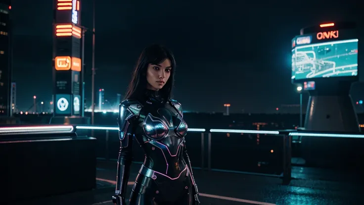 "Futuristic city at night with neon lights, a slender European woman with 90-60-90 proportions standing confidently in the center. She is looking directly into the camera, her metallic futuristic outfit catching the light, highlighting her curves. The city...