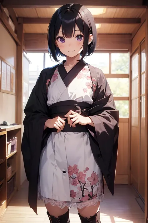 sfw,最高masterpiece,Best Quality,  OFFICIAL ART, Advertising Photos,masterpiece,(1 person:2.0),  Neutral Male ,clear,( flat chest:1.3),(7 heads), Black Hair ,( short bob cut hair),Sakura pattern kimono,Purple Hakama, lace up boots ,standing,smile, soft light...