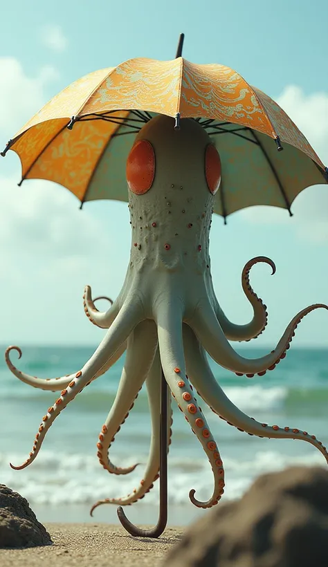 
"A hybrid creature with the body of an umbrella and the tentacles of an octopus. The top of the umbrella is colorful and patterned, resembling a typical umbrella canopy, while its handle extends down into a series of flexible, flowing octopus tentacles th...