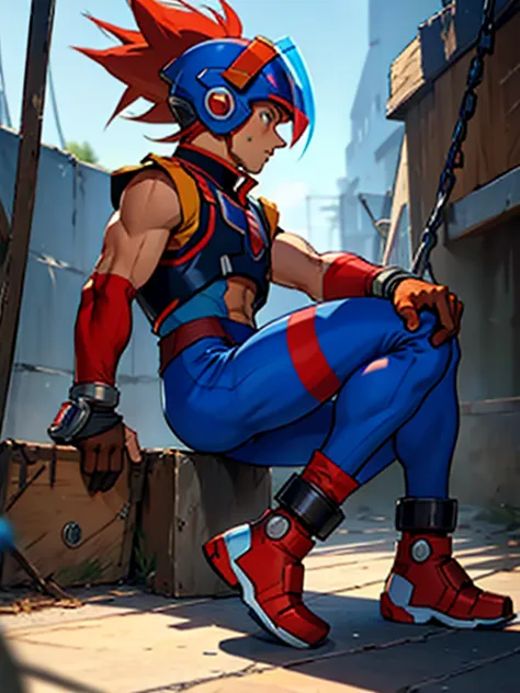 axl(mega man x)　axl　boy in tights 　 helmet 　kneeling　 realistic skin　 side view 　全身boy in tights 　 raises arms　boy in spats 　 is...