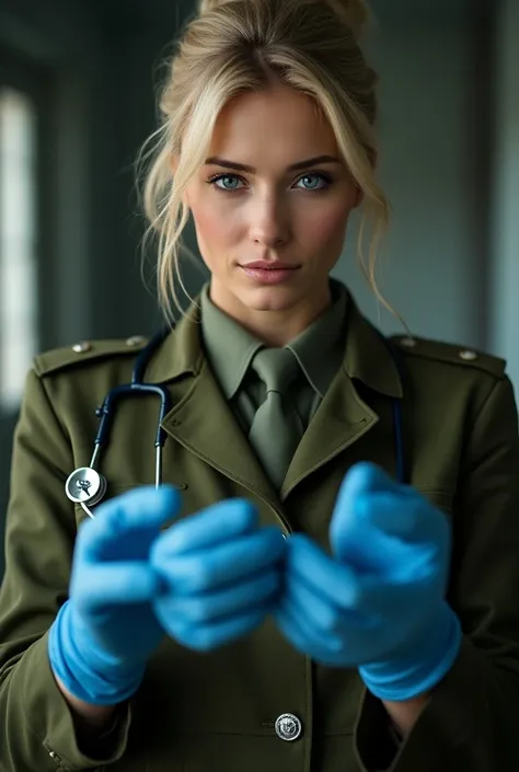 a blonde woman,  heavenly eyes , hair tied up in a bun. She is a commanding doctor in the Russian army . Her outfit reveals her pretty cleavage. . She has a stethoscope in her ears and is putting on blue latex gloves while looking at the camera.