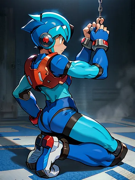 mega man x　mega man xdive　boy in tights 　kneeling　 realistic skin　 side view 　全身boy in tights 　 raises arms　boy in spats 　 is ch...