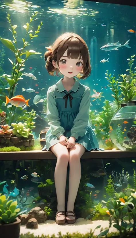 image、miniature photo style、 a girl 、 Focus on Girls 、  brown hair  、、(((Large aquarium、aquarium)))、Foliage plants、Succulents、Beautiful layout 、完璧に blurry background、 well-coordinated room、 and sit in a chair、 highest quality 、 best image quality 、 Ultra H...