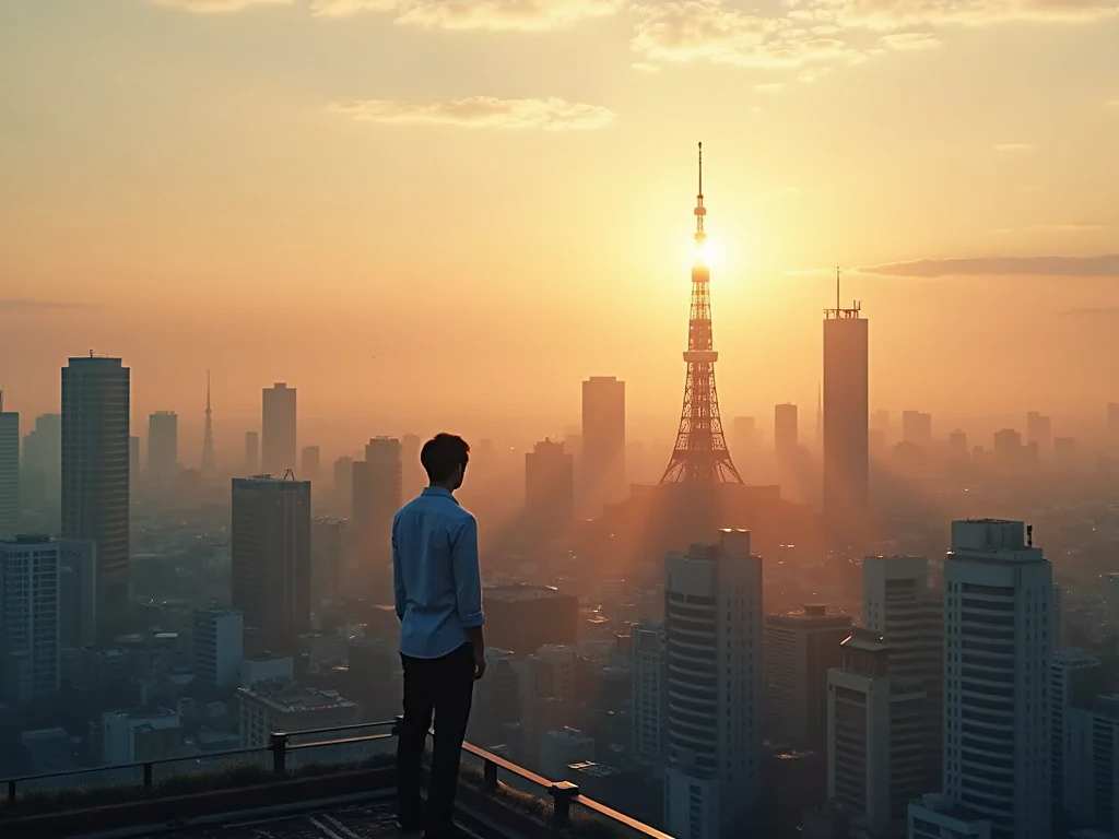 (Best Quality:1.4),  Surreal , ( photorealistic:1.4),  professional photo shoot, Tokyo, (Tokyoタワー:1.4), Buildings, (Shooting from above:1.4), dawn, (sun:1.4)