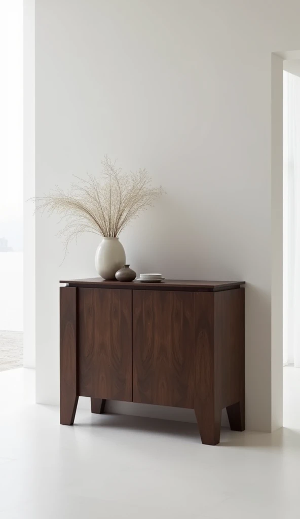 A sleek, minimalist cabinet with clean lines and a flat, matte finish. The cabinet is made of a dark wood and has a simple, geometric design. It is placed against a white wall in a modern, minimalist room.