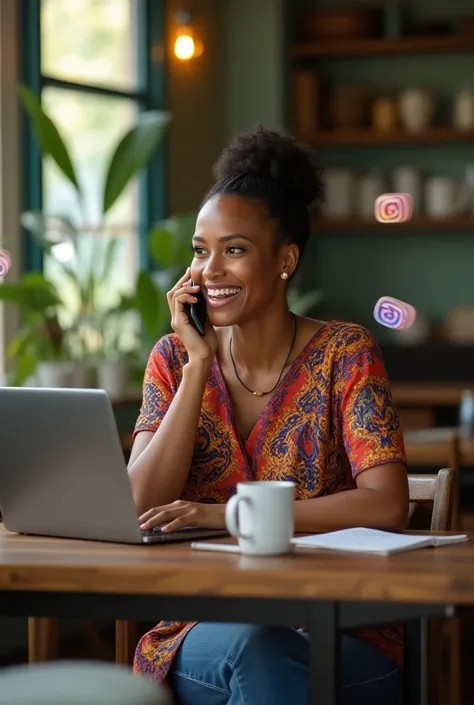 A papua new guinean woman in her 40s. Smart and beautiful, medium built, wearing a meri dress and jeans. Shes taking a break in a cafe and on the phone. Have symbols of social media floating surrounding her. Her laptop open on the table, talking on the pho...