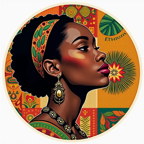 Pop art graphic piece that presents Ethiopian culture with the most traditional and representative of the country, face from the side, colorfull bacground, typical for ethiopia and their coffee culture, more detailed face and nice clean makeup, more vibran...