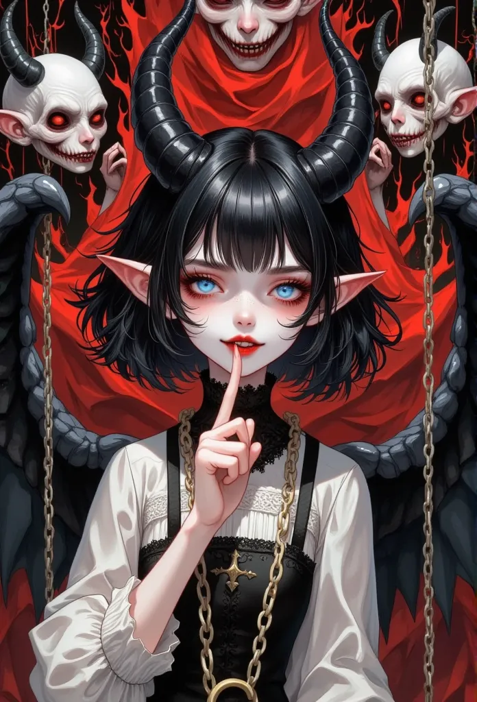 a charming lady, 1succuba, with red teeth and black bob-cut with slanted bangs, horns, huge wings, she is surrounded by chains, ...