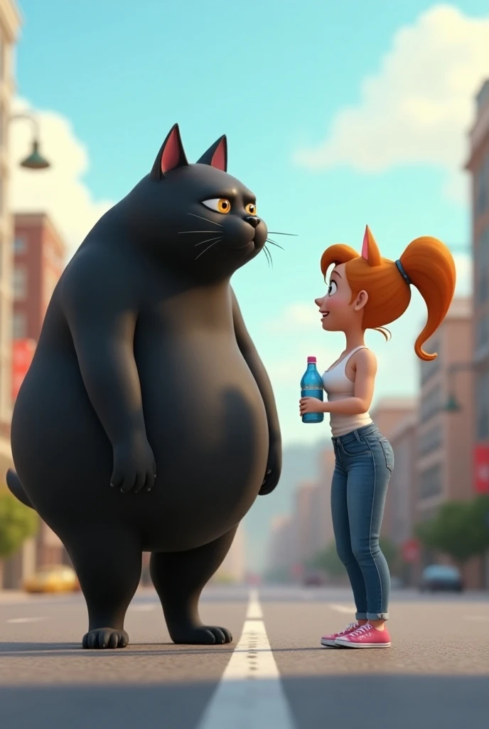 3d cartoon "A black fat giant male man cat stoped a white lady woman cat who wears jeans shirt was walking on road holding water bottle outside the gym on road " 