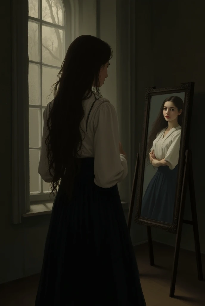 "Create an illustration of a young woman with very long, flowing hair, dressed in a Victorian-style white blouse and dark skirt. She stands in a dimly lit room, gazing into an old-fashioned mirror, her head turned slightly so that her face is visible in pr...