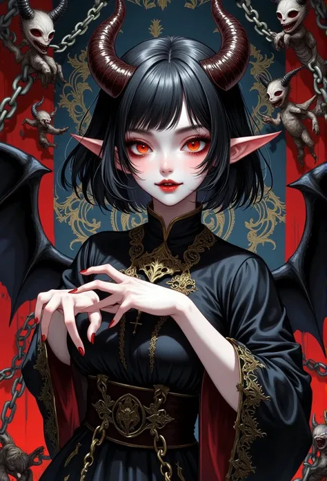 a charming lady, 1succuba, with red teeth and black bob-cut with slanted bangs, horns, huge wings, she is surrounded by chains, ...