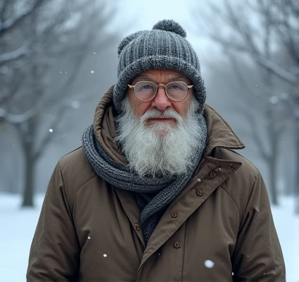 outdoors in what looks like winter. A old person with white beard  is dressed warmly with a hat, glasses, scarf, and coat, and there are snowflakes visible on their clothing and in the air. The background features bare trees, indicating it’s a cold season....