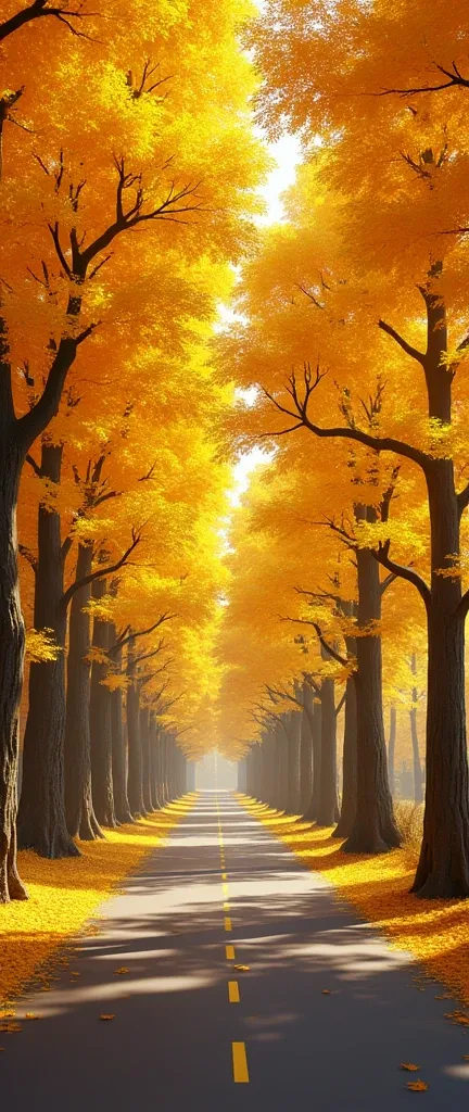 3d、 Ultra HD、side view、There is a shadow 、photorealistic、 there are ginkgo trees on the road in autumn