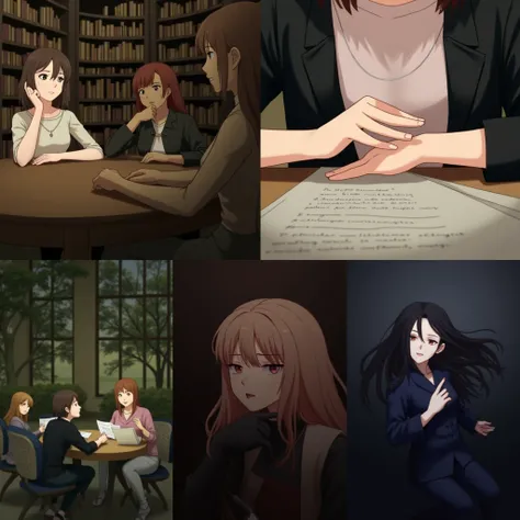 Use the looks of all five girls and create ,  art where the five of them are sitting in the library talking about something 
