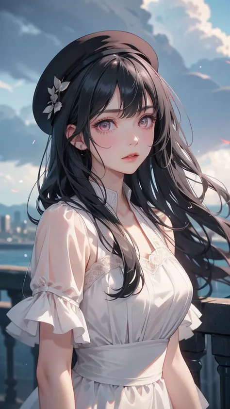 Upper body, elegant, 1girl , Long straigt Hair whit bangs, Black hair, gray eyes, soft light, high quality, 4k resolution looking at viewer, on_front,
(wavy hair:0.8), black hair, cloudy sky,Blunt Bangs, Pink eyes, classic dress,lace,hat