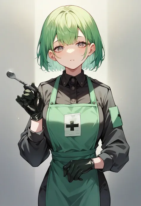 1 girl, bangs, ((black medical gloves)), (green paramedic uniform), ((long sleeves)), looks at the viewer, standing, solo, rubber medical apron
