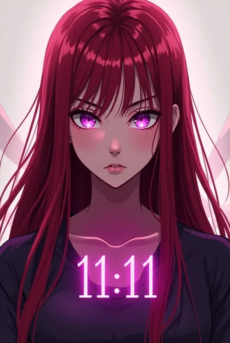 En version dessin animé Une femme avec les cheveux longs et raide de couleur rouge sang et aux yeux violet qui a une force intérieure on voit le chiffre 11:11 