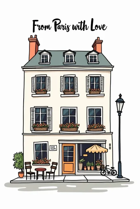 Illustration in a playful, hand-drawn style similar to a shop window display. Features a typical French townhouse with classic architecture, shutters, and small flower boxes on the windows, located on a charming Parisian street. Include other street elemen...