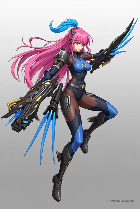 character has long, vibrant pink hair adorned with a blue feather accessory.. he is dressed in a blue and brown outfit with gold accents and wields a large, intricately designed weapon that appears to be a gun or crossbow, indicating her role as a ranged f...