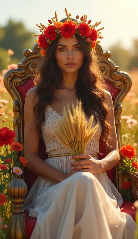 A beautiful Latin woman with long wavy hair wearing a crown of red flowers on her head and a semi-transparent white dress, the woman is holding a bouquet of wheat in her hands, the woman is sitting on a royal throne full of beautiful flowers, the woman is ...