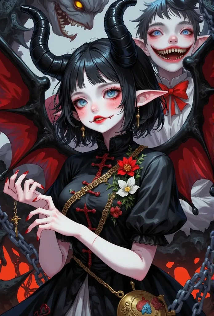 a charming lady, 1succuba, with red teeth and black bob-cut with slanted bangs, horns, huge wings, she is surrounded by chains, ...