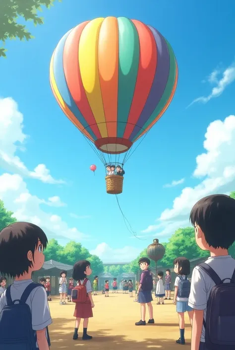 “In Japan, a vibrant school playground with a dirt field on a sunny day, where a hot air balloon tethered experience is being held. A group of around 20 elementary school students stands on the ground, gazing up in awe and excitement at a hot air balloon h...