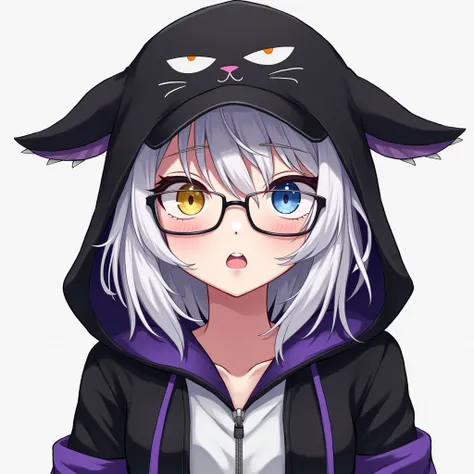 black zip hoodie,white inner shirt,18 year old girl with white hair,The hood of the hoodie has black ears,and the frame of the hood has white fangs,The hoodie has purple fabric from the elbows down,Odd-eyed, left eye yellow and right eye blue,wears prescri...