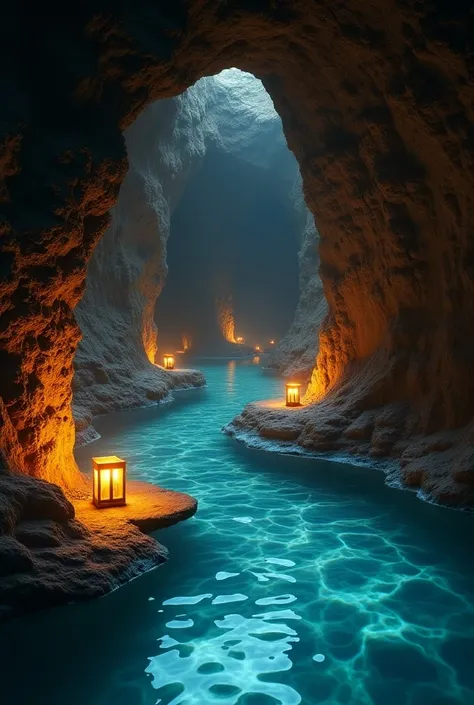 The rock cave has lanterns and the floor is full of water.