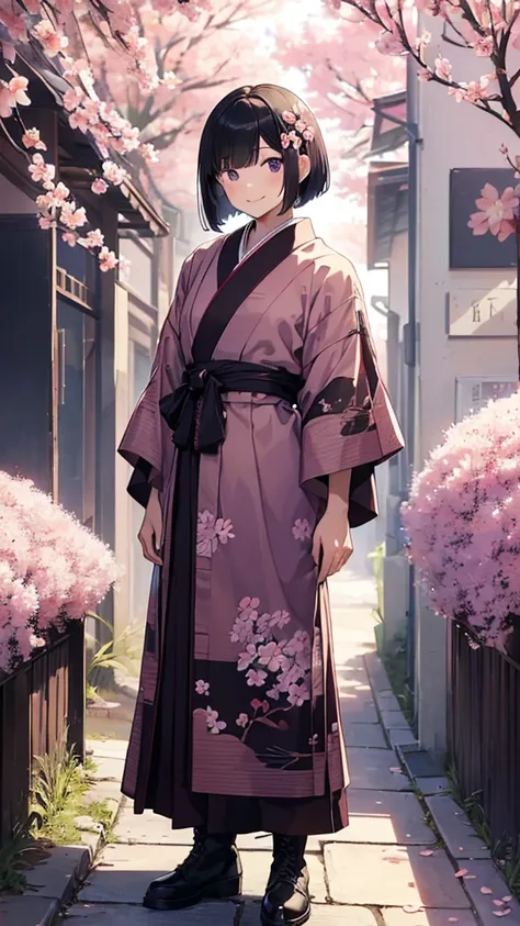 sfw,最高masterpiece,Best Quality,  OFFICIAL ART, Advertising Photos,masterpiece,(1 person:2.0),  Neutral Male ,Dress neatly,(7 heads), Black Hair ,( short bob cut hair),Cherry blossom pattern furuncle ,Purple Hakama,Maxi length, obi shaped like a flower, lac...