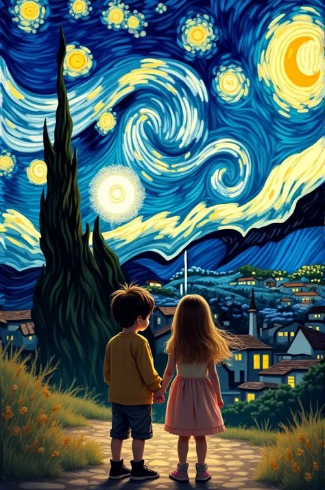 Create an image with the setting being the painting Van Goghs Starry Night with a boy and a girl who are brothers in the background 