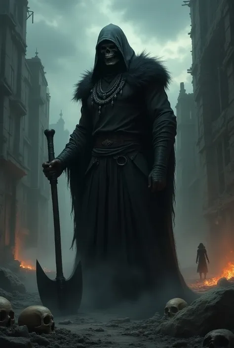 A dark fantasy scene in a ruined, desolate cityscape. A towering, ominous executioner stands in the center, cloaked in a hooded black robe that flows to the ground, with fur-lined shoulders adding an imposing detail. His face is hidden behind a terrifying,...