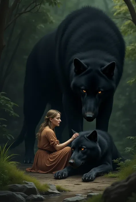 Woman taking care of a giant black wolf who is injured