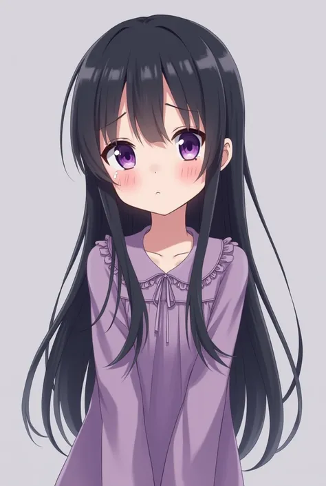 Cute black long hair purple eye  teenage girl anime character straight image
Full image from head to body with cute long dress
Sad,bit crying 
