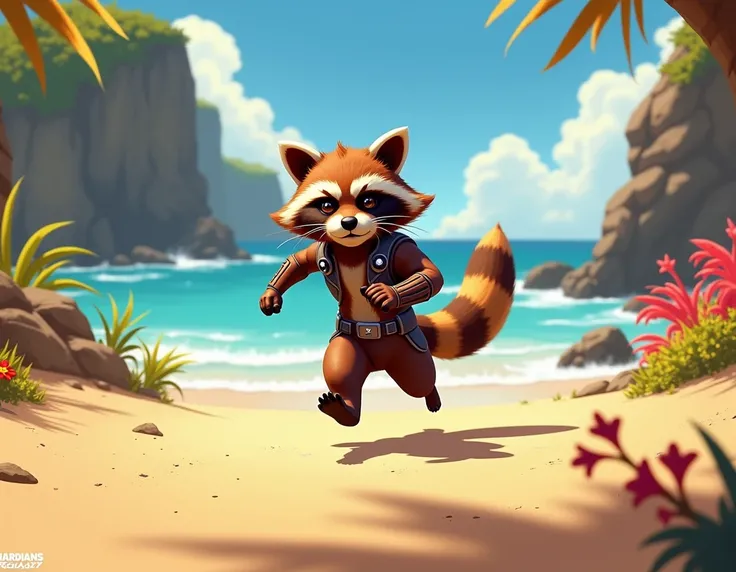 Guardians of the Galaxy raccoon running on the beach