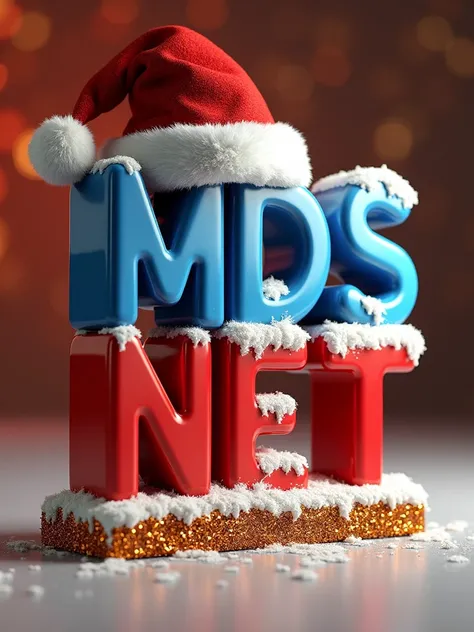 Create a 3D logo with the name MDSNET in a festive Christmas style. The letters MDS must be blue, and the letters NET must be a vibrant red, with a slight shine and depth effect. Add a Santa hat to the top of one of the letters, making it look realistic, w...